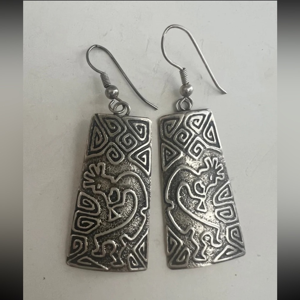 Kokopelli Aztec vintage Mexican sterling silver drop earrings